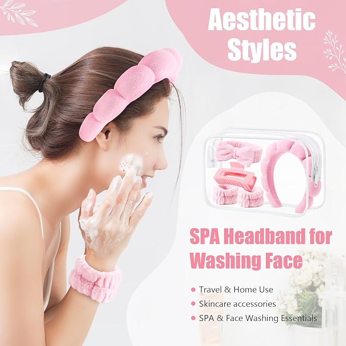 SPA Headbands and Wristband Set for Face Washing with Clear Bag Cute Skincare Makeup Headband Wrist Bands Hair Clips for Women Teenage Girls Gifts Trendy Stuff Pink