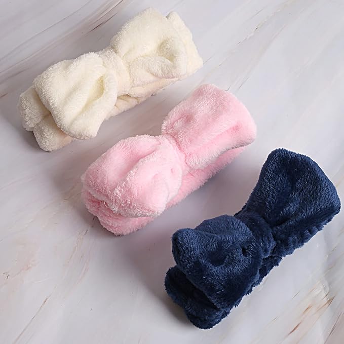 WSYUB 3Pcs Spa Headband, Makeup Headband for Washing Face, Bow Headbands for Women, Fluffy Skincare Headbands Microfiber Bow Knot Hair Band, Easter Basket Stuffers