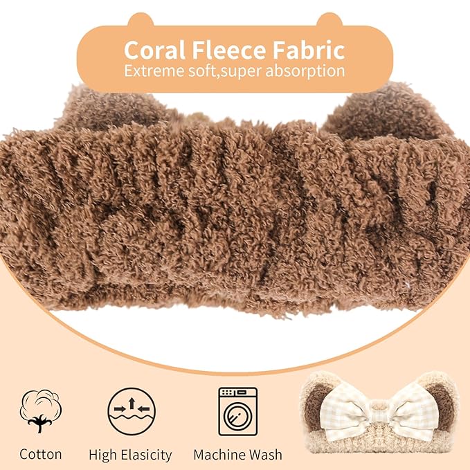 PERFECTSIGHT Kawaii Headband for Spa, Makeup, Washing Face, Party - 2 Pack Cute Cat Ear Hair Band for Shower Beauty Skincare, Soft Facial Headbands for Girls and Women (Beige+Coffee Bow)