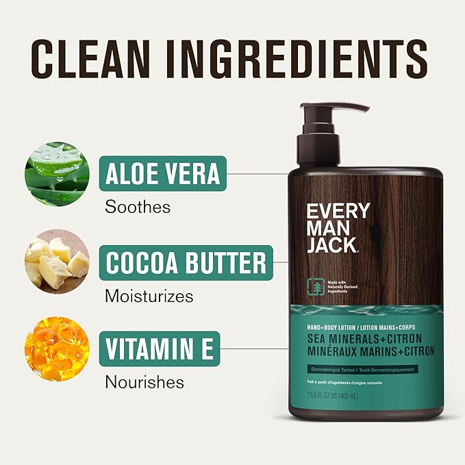 Every Man Jack Mens Sea Minerals + Citron Hand & Body Lotion for All Skin Types - Dermatologist Tested & Hypoallergenic - Nourish Skin with Lightweight Fast Absorbing Lotion - 13.5oz 2 Bottles