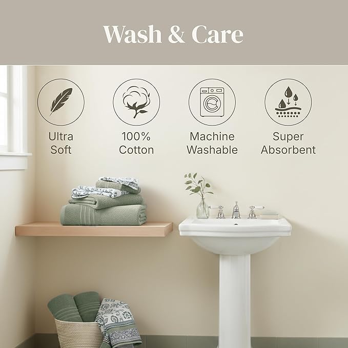 Modern Threads Floral Trail 6-Piece 100% Cotton Towel Set – Reversible Yarn Dyed Jacquard – Includes 2 Bath Towels, 2 Hand Towels, 2 Washcloths – Absorbent, Quick Dry, Soft & Durable – Sage Green