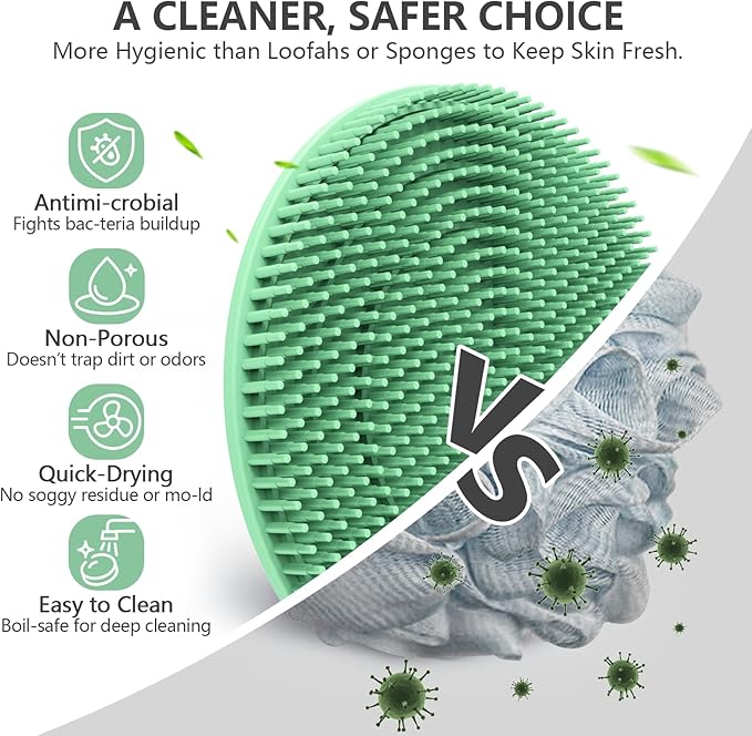 Silicone Body and Face Scrubber Set 3 Pack, BEAUTAIL Shower Bath Scrubber, Gentle Exfoliating Brush for Women Men Baby Sensitive Skin, More Hygienic Than Traditional Loofah, Long Lasting, Pink+Green