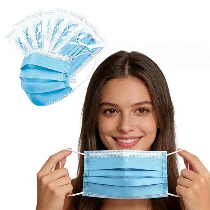 50pcs Individually Wrapped Masks, Blue Disposable Face Masks, 3 Ply Breathable Face Mask for Adults Indoor Outdoor