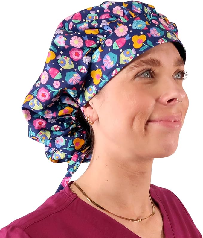 Sparkling EARTH Banded Bouffant Surgical Scrub Ponytail Working Caps and Built-in Sweatband - 100% Cotton - Made in The USA