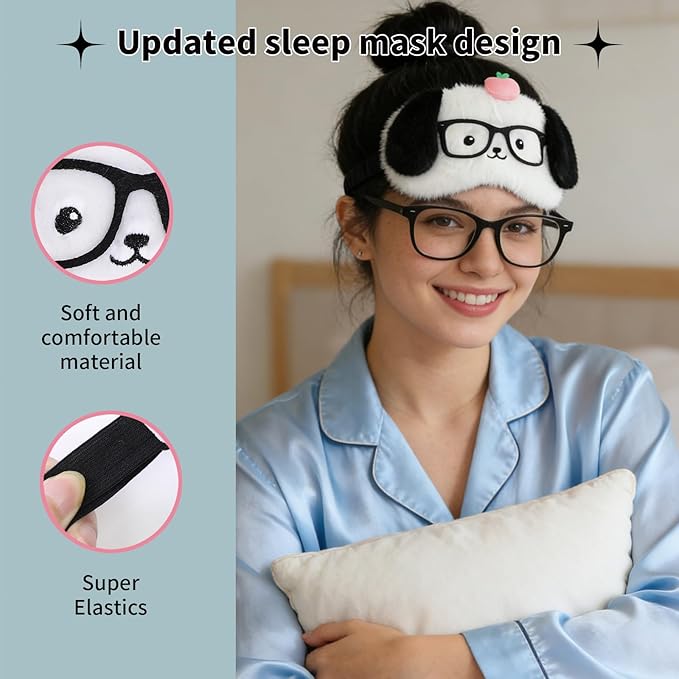 PERFECTSIGHT Sleep Eye Masks, Cute Plush Sleep Eye Cover Lightweight Adjustable Eyeshade Faux Fur Mask Cover for Women Men Sleep Travel Nap, Glasses Puppy