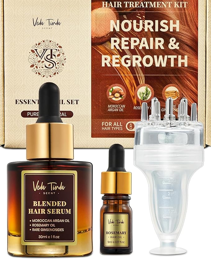 Rosemary Hair Growth Oil Set - Scalp Massager Applicator and Moroccan Argan Oil-Infused Serum for Hair Regrowth and Scalp Health Care