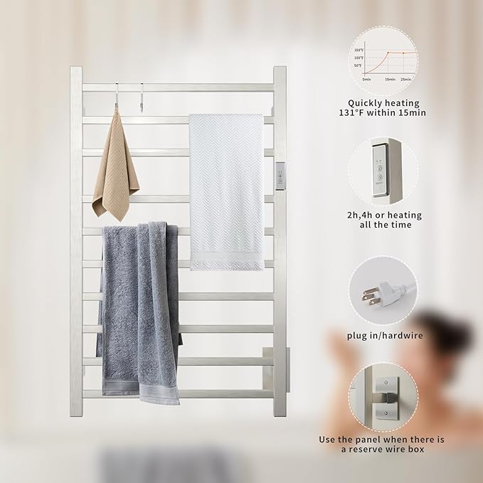 Wall Mounted Towel Warmer Square 10 Bars with Plug-in and Hardwired Options 3 Working Modes Brushed Stainless Steel 21" W 34" H