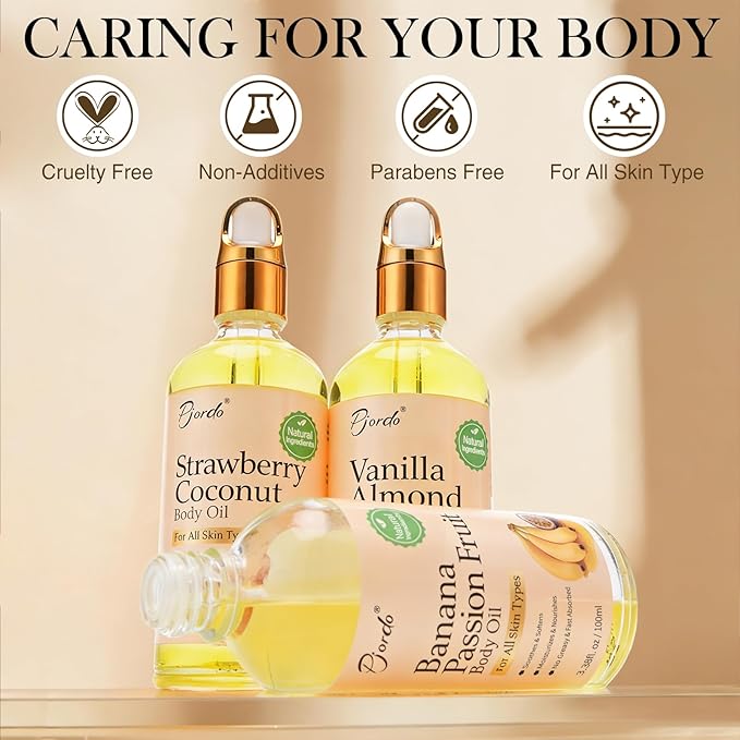 Pjordo 3 Pcs Body Oil with Banana Passion Fruit, Vanilla Almond & Strawberry Coconut, Body Oil After Shower for Moisturize & Nourish Skin, Body Moisturizers for Dry Skin, Cuticles & Hair, Non Greasy