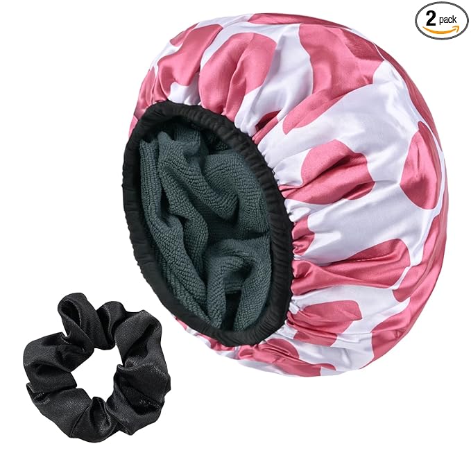 Hot Pink Cow Print Satin Shower Cap, Three-Layer Terry Cloth Lined, with Silk Hair Ties, Microfiber Waterproof Reusable Large Size Shower Cap for Women Long Thick Hair