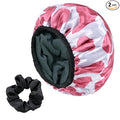 Hot Pink Cow Print Satin Shower Cap, Three-Layer Terry Cloth Lined, with Silk Hair Ties, Microfiber Waterproof Reusable Large Size Shower Cap for Women Long Thick Hair