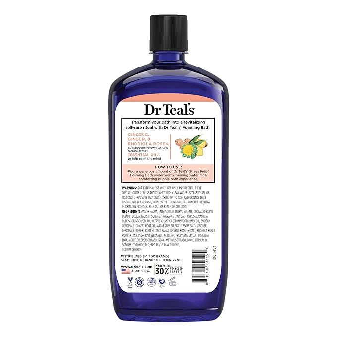 Dr Teal's Foaming Bath with Pure Epsom Salt, Stress Relief with Ginseng & Ginger, 34 fl oz (Pack of 4)