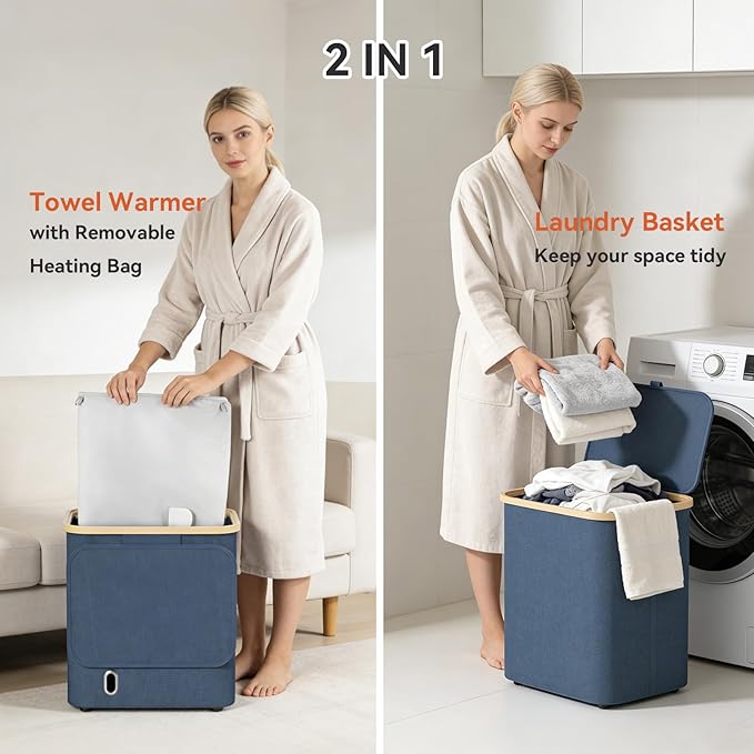 Towel Warmer & Laundry Basket 2-IN-1, Foldable Towel Warmer for Bathroom with Removable Heating Bag, 20/40/60Mins Fast Heating, Auto Shut-Off, Portbale Towel Warmer Fits 3 Large Towels Blankets - Blue