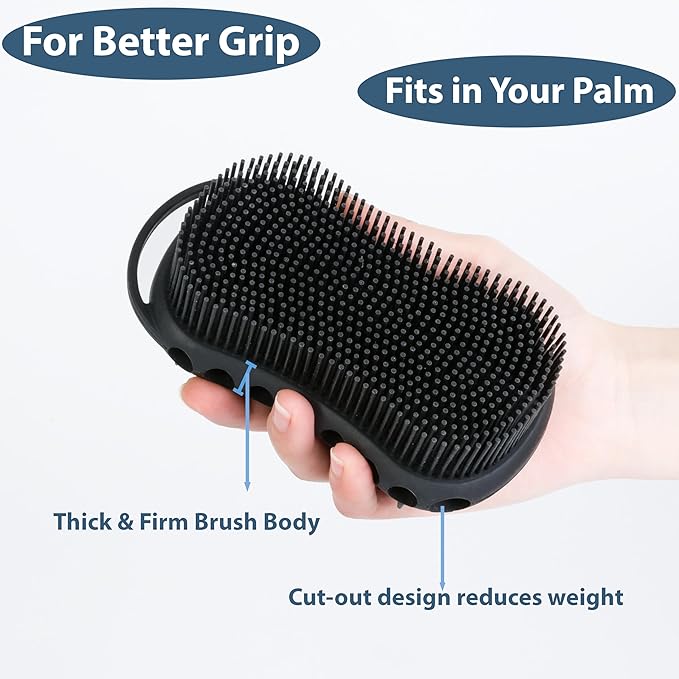 MtBoi Double-Sided Exfoliating Silicone Body Scrubber, 2-in-1 Bath Scrubber, Shampoo Brush, Silicone Loofah for All Skin Types, Shower Body Scrubber, Easy to Clean, Lather Well (Black)
