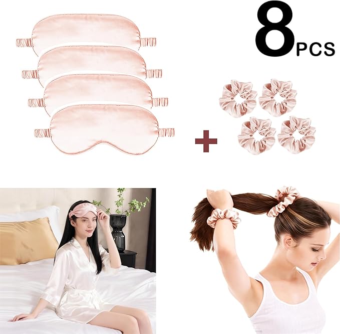 Satin Eye Mask 8Pcs Silk Sleep Masks Silky Blindfold Eyeshade Blackout Eyes Cover Scrunchies Hair Ties Travel Wedding Gifts