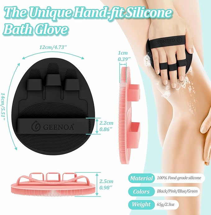 Silicone Bath Gloves 2PCS, 360° Anti-Slip Silicone Body Scrubber for Rich Foaming Deep Cleaning, Revolutionary No-Grip & Hand-fit Design Shower Scrubber for All Skin Types(Black+Light Pink)
