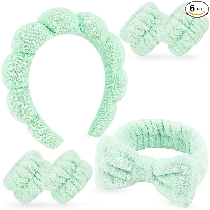 Zkptops 6Pcs Spa Headband for Washing Face Wristbands Set Women Bubble Makeup Sponge Terry Cloth Padded Puffy Headband Bow Tie Skincare Hairband Cute Non Slip Thick Hair Accessory Gifts (Light Green)