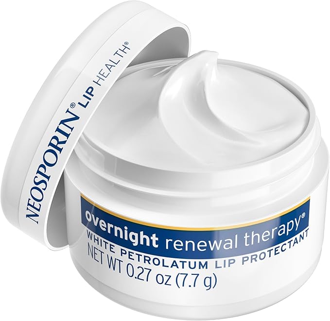 NEOSPORIN Lip Health Overnight Renewal Therapy White Petrolatum Lip Protectant, Nourishing Night Moisturizer to Repair Dry & Cracked Lips, Prevent & Protect Chapped Lips, 0.27 oz