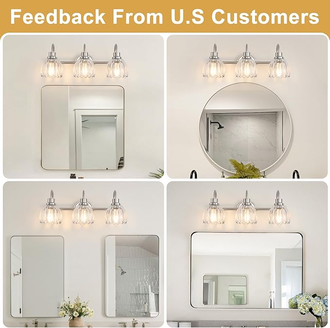 Bathroom Light Fixtures (3-Light, 20 Inch), Brushed Nickel Vanity Lights for Bathroom with Ribbed Clear Tulip Glass Shade, Vintage Vanity Wall Lights for Mirror Bedroom Living Room Hallway