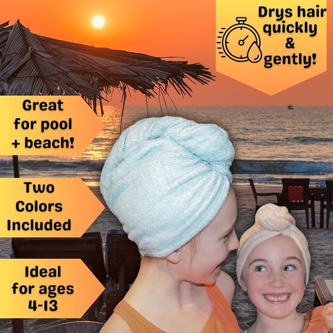 Hair Towel Wrap for Kids | 100% Bamboo Viscose |Tailored Small | Essential Hair Drying Wrap for Bath, Beach, Pool and Spa | Hair Accessory for Girls | Set of 2 | Seafoam Blue + Seashell Blush Pink