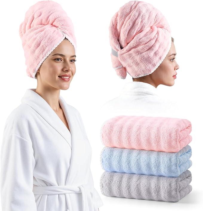 REDKISS 3 Pack Extra Large Microfiber Hair Towels with Elastic Strap - Quick Dry, Anti-Frizz Turbans for Long, Thick, Curly Hair