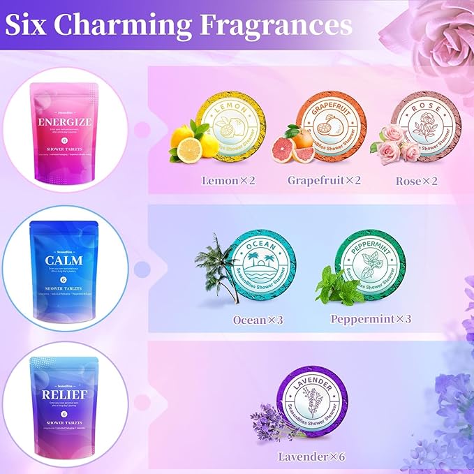 SeasonBliss Shower Steamers 18 Pack Set, Shower Bombs with 6 Charming Scents, Shower Tablets with Natural Ingredients,Self-Care & Relaxation Presents for Women and Men