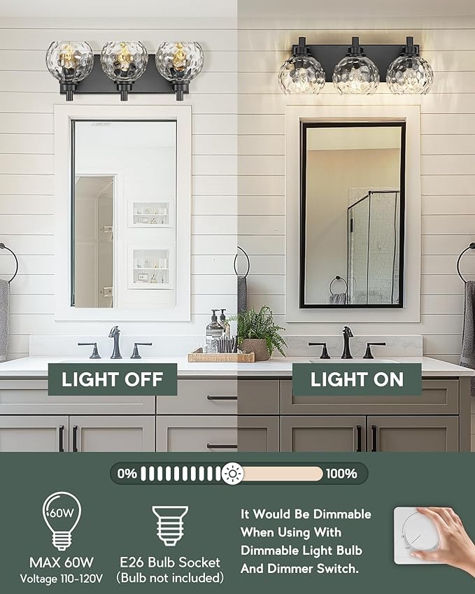 Bathroom Light Fixtures Over Mirror, 3-Light Matte Black Vanity Light with Clear Hammered Glass Globe Shade, Modern Sconces Wall Lighting for Bedroom Hallway, VL200-MB-3