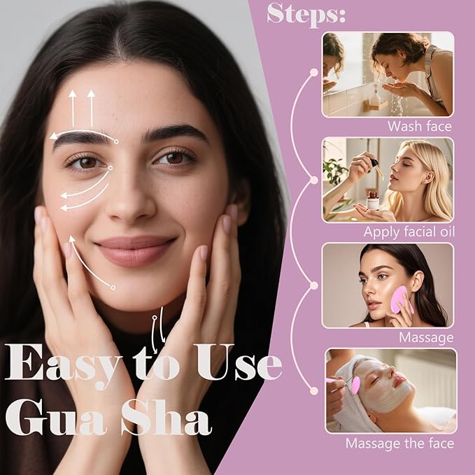 Gua Sha Facial Massage Tool and Roller Set, Facial Massager for Face, Neck, Arms, Eyes, Reduce Puffiness, Improve Wrinkles, Daily Self-Care Gift for Men and Women Emerald Green Pink White