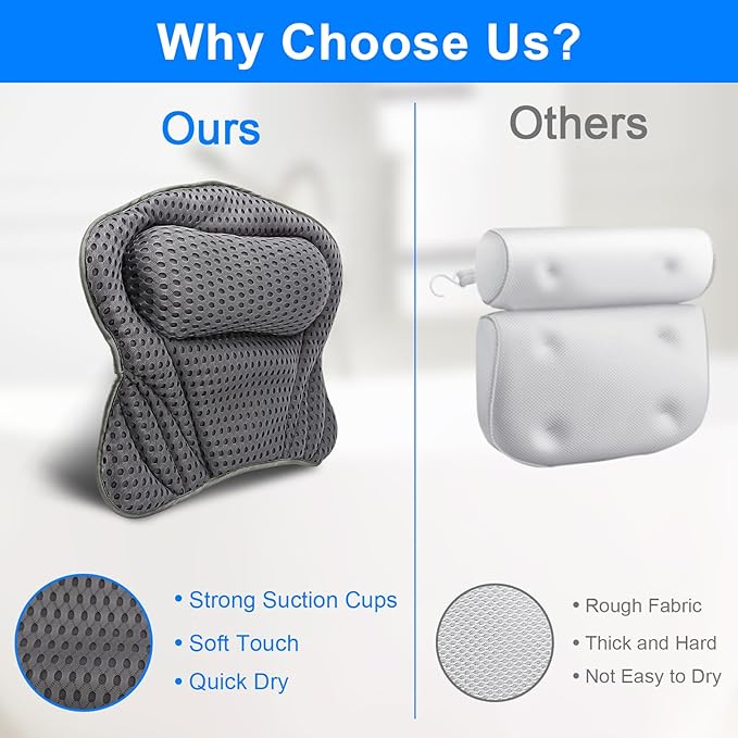 Bath Pillow for Tub, Ergonomic Pillow for Headrest,Neck, Shoulder and Back Support, Home SPA Fast Drying Soft 4D Mesh Fabric and 8 Non-Slip Suction Cups, Spa Bathroom Accessories