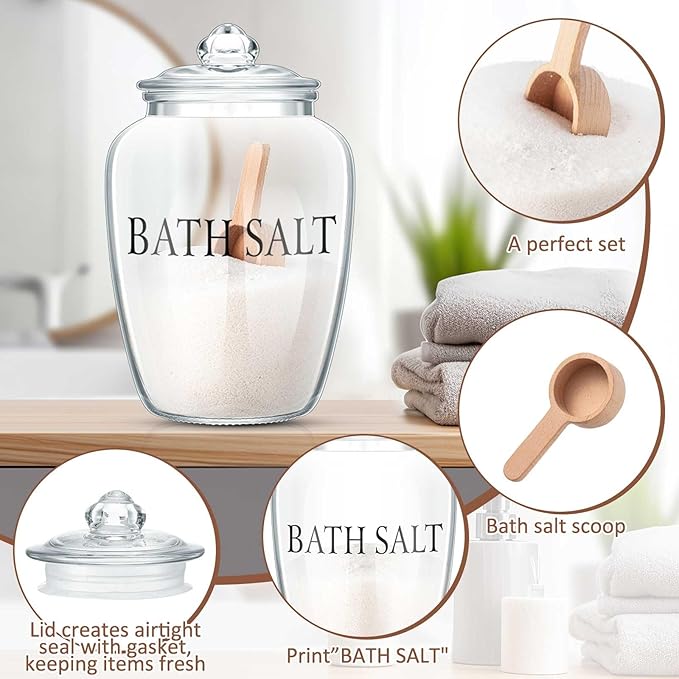 SiliFine 2 Sets 74 oz Bath Salt Container with Airtight Lid and Scoop Big Glass Jar with Wooden Scoop for Bath Flour Salt Candy Tea(Printed)