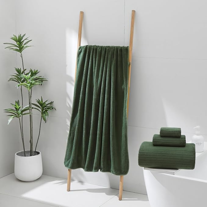 YTYC 39x78 Bath Sheets Extra Large Bath Towels Set for Adults Super Soft Absorbent Striped Microfiber Oversized Bathroom Towels - Olive Green, 6 PCS