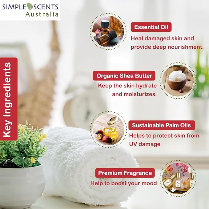 Simple Scents Australia Melon Strawberry Scented Natural Soap Bars (5 Bars), 3.5oz Moisturizing French Triple Milled Soap Bars Enriched with Shea Butter - Pure Plant Oil Bath & Body