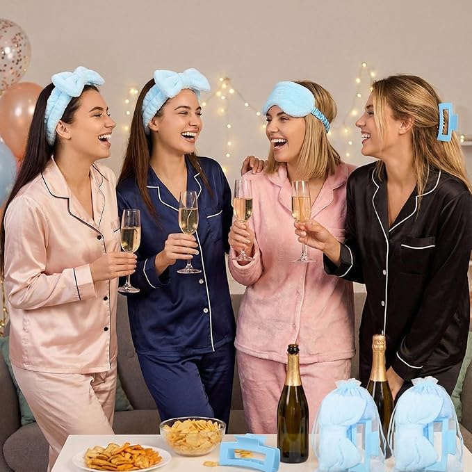 48 Pcs Spa Party Supplies Sleepover Essentials Gift for Mother's Day Spa Headband Plush Eye Mask Claw Clips Organza Bag for Women Adult Slumber Party Supplies (Blue)