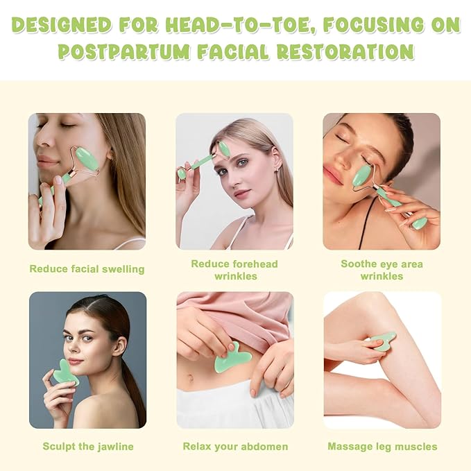 Birthing Comb for Labor Pain and Gua Sha Facial Tools, Post Partum/Home Delivery Essentials, Pregnancy/Birth/Hospital Bag Must Haves, Jade Roller Stone Massager,Gifts for Expecting Mom Women (Green)