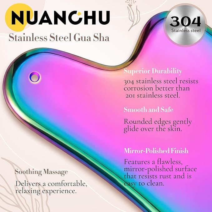 Nuanchu Stainless Steel Gua Sha Facial Tool, Metal Gua Sha for Lymphatic Drainage, Guasha Face Sculpting Double Chin Reduce with Pouch Mother Day Self Care Gift(Rainbow)