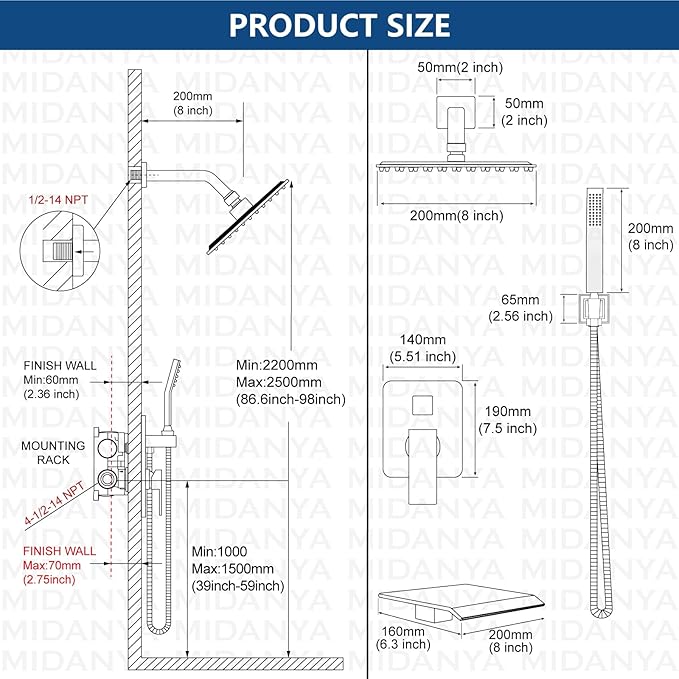 Midanya Shower System with Tub Spout,Bathtub Shower Faucet Set with Square Rainfall Head and Handheld Sprayer Wall Mount Tub Faucet Set with Valve and Trim Kit,8 Inch Brushed Nickel