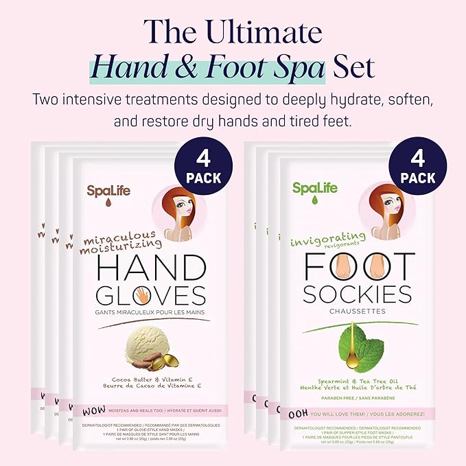 SpaLife Moisturizing Hand Gloves & Foot Mask Socks | Korean Skincare Set Mothers Day Gifts | Dry Cracked Hands & Dry Cracked Feet Callus Remover | Self Care Gifts for Women | 4 Hand, 4 Foot