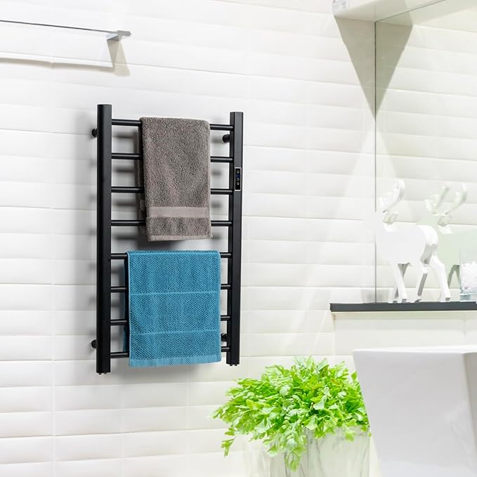 MyGift Hotel Series Matte Black Carbon Steel Towel Warmer Rack with 8 Heating Bars and LED Temperature Timer Control, Freestanding or Wall Mounted Electric Bath Towel Warming Holder