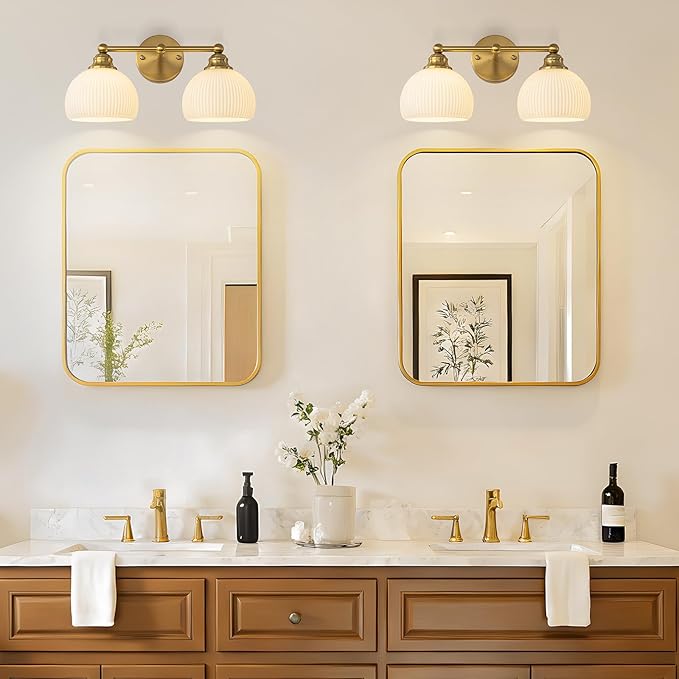 GoYeel Bathroom Vanity Light Fixtures, 2 Light Bathroom Lights Over Mirror Vintage Gold Antique Restroom Light Fixture with Milk White Glass Shade for Bathroom, E26 Base
