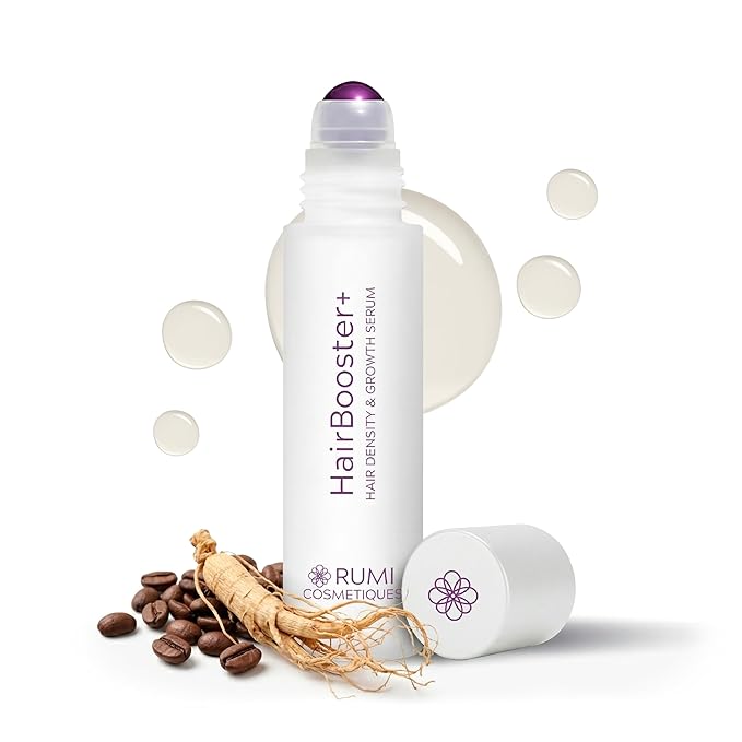 Rumi Cosmetiques HairBooster+ Hair Growth Serum for Mature Women - Peptide & Caffeine Formula for Thicker, Fuller Hair - Reduces Shedding & Boosts Density - Menopause & Hormone-Safe - Jade Roller