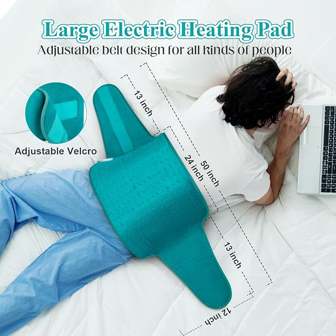 Heating Pad for Back, Heating Pad for Period Cramps/Waist/Stomach with Belt, Mothers Day Gifts for Mom Wife Grandma, Birthday Gifts for Women Men, 6 Heat Settings, 4 Auto-Off, Blue Green