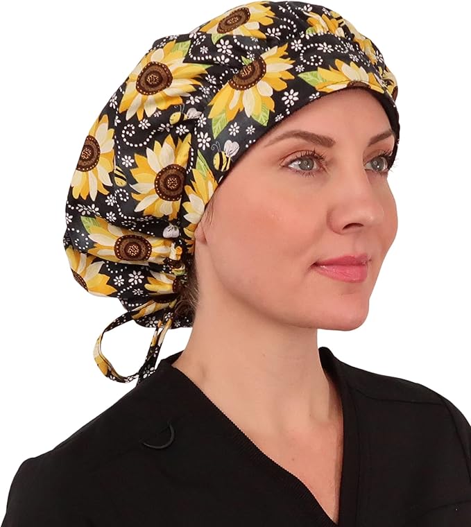 Sparkling EARTH Banded Bouffant Surgical Scrub Ponytail Working Caps and Built-in Sweatband - 100% Cotton - Made in The USA
