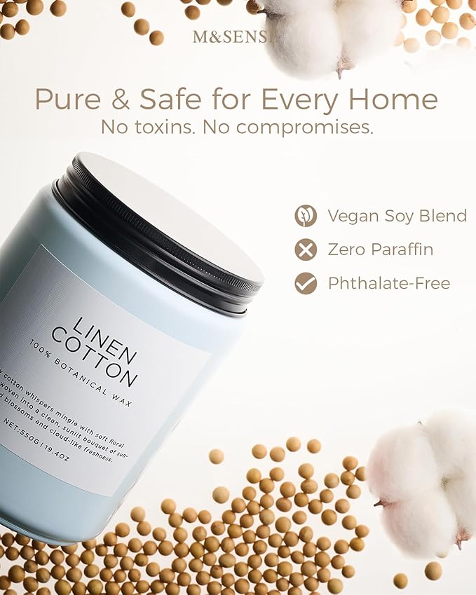 M&SENSE Fresh & Linen Cotton Scented Candles for Home, 19.4oz Natural Soy Wax, 110-Hour Long Lasting, Non Toxic Clean Cotton Scent for Laundry Day, Aromatherapy Home Fragrance Gifts for Family