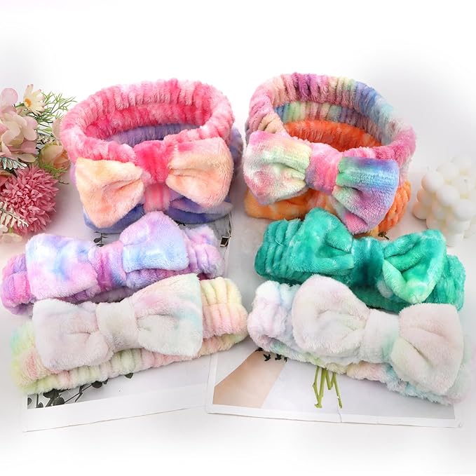 8 Pack Spa Headbands, Microfiber Face Wash Headbands with Cute Bow, Soft Elastic Skincare Hair Bands for Makeup, Shower, Daily Beauty Routine（Tie Dye