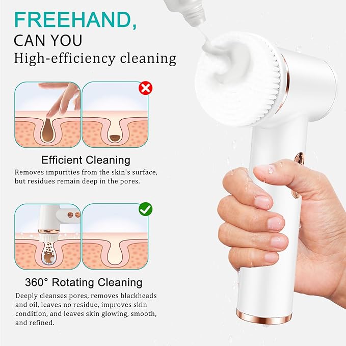 Electric Facial Cleansing Brush with 4 Brush Heads & 5 Speeds - IPX6 Waterproof, Type-C Fast Charging - for Deep Cleansing, Exfoliating, Pore Minimizing & Makeup Removal (White)