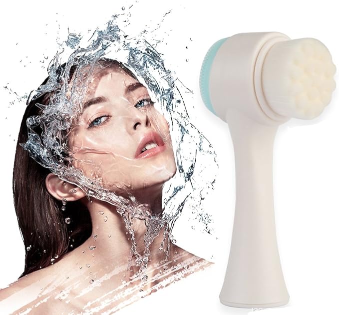 2 in 1 Face Brush - Double Sided Facial Cleansing Brush with Silicone Cleansing Side and Soft Bristles for Washing, Exfoliating and Massaging Your Skin (White and Blue)