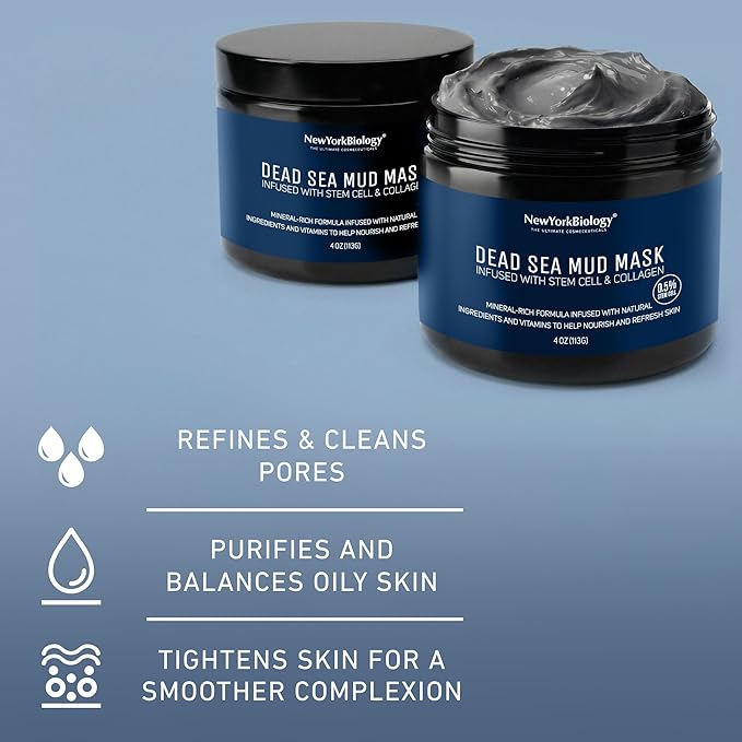 New York Biology Dead Sea Mud Mask for Face, Body | with Stem Cell and Collagen | Spa Quality Pore Refiner for Oily Skin | Natural Skincare for Women, Men | Tighten Skin | 4 oz