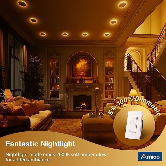 Amico 6 Pack 4 Inch 5CCT LED Recessed Ceiling Light with Night Light, 2700K/3000K/3500K/4000K/5000K Selectable Ultra-Thin Recessed Lighting, 10W=90W, 700LM, Dimmable Canless Wafer Downlight - ETL&FCC