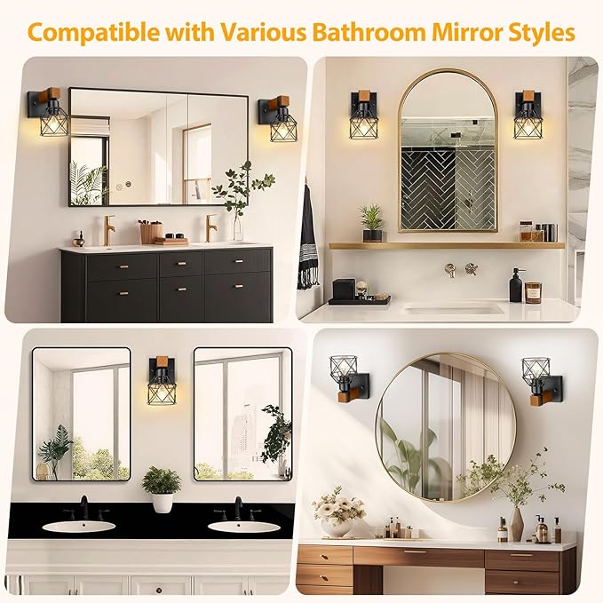 Wall Sconces Set of Two, Farmhouse 1-Light Matte Black Vanity Lights for Bathroom, Rustic Wooden Bedside Hardwired Wall Mounted Lamp with Metal Cage for Hallway, Living Room, Mirror, Kitchen