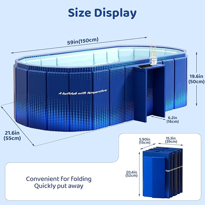 Portable Foldable Bathtub, Freestanding Bathtub No Installation, Bathroom SPA Soaking Bath Tub, Shower Stall Collapsible Hot & Ice Bath Tub (Blue with Storage Rack, 59"L x 21.6"W x 19.6"H)