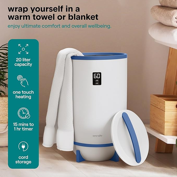 SereneLife Towel Warmer Bucket Style - Portable Blanket Heater for Spa and Bathroom, Large Capacity, Customizable Fragrance, Auto Shut-Off, Fits 2 Large Towels or Blankets, One-Touch Control